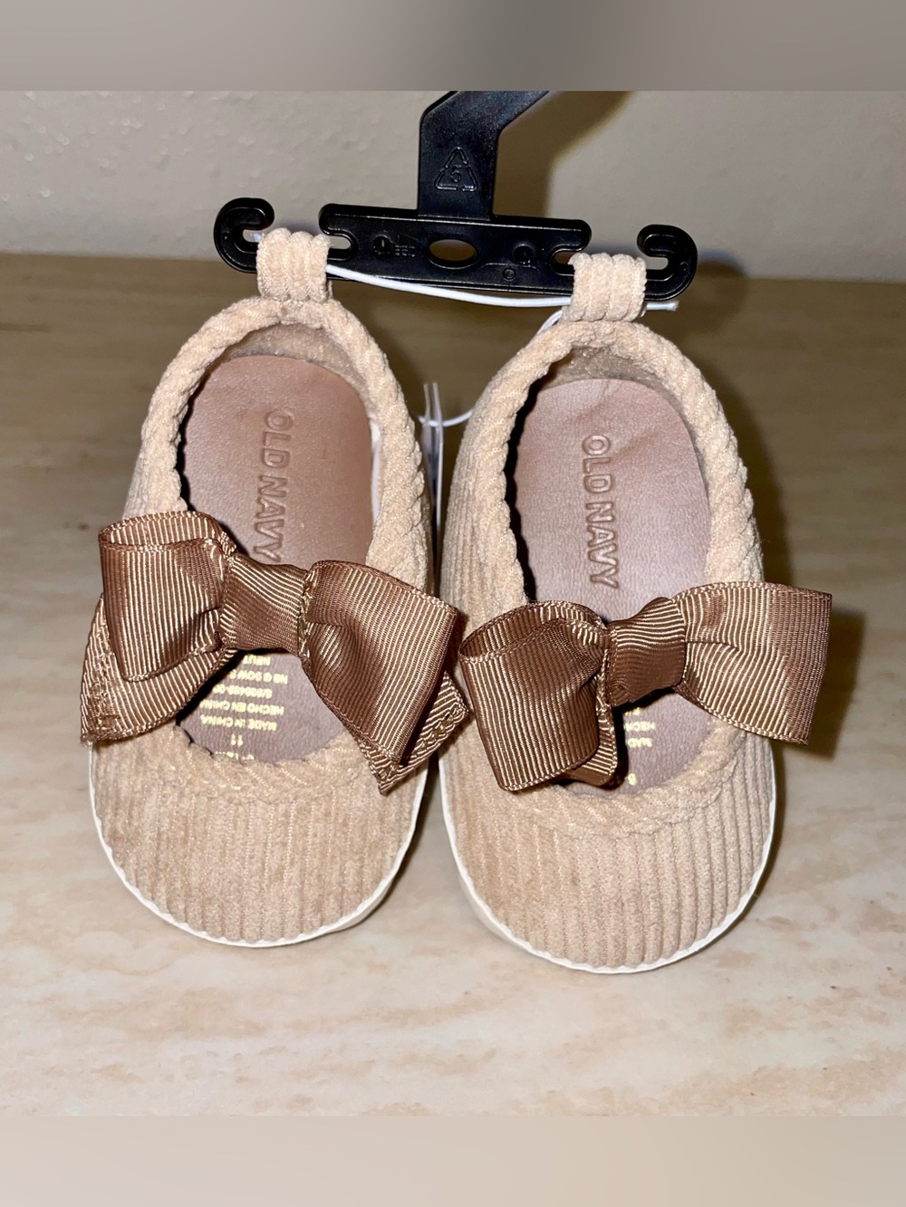 Old Navy Tan Corduroy Baby Slip-On Shoes with Brown Bow